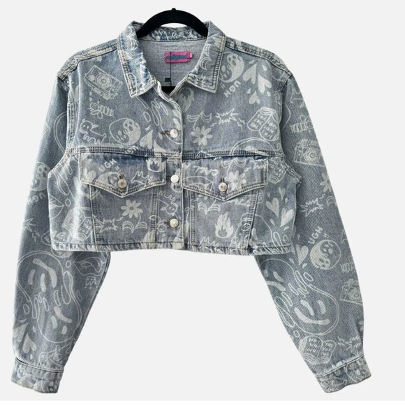 Edikted Cropped Denim Jacket & Malia Printed Wide Leg Jeans Streetwear - Picture 5 of 16